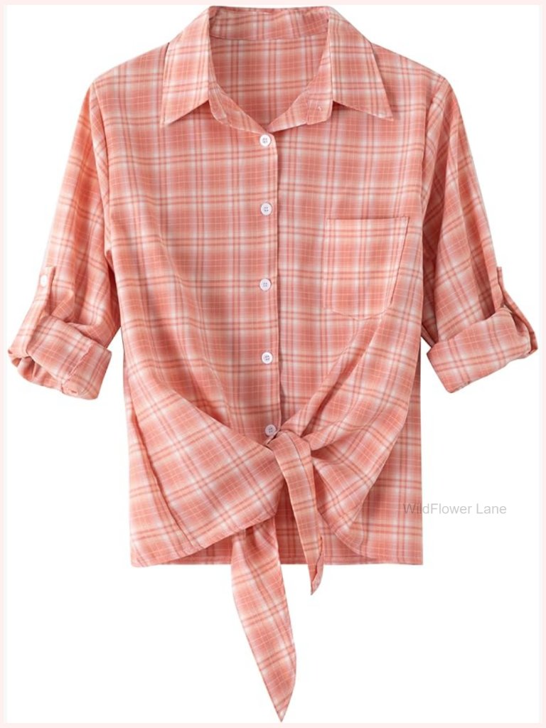 Tie Front Buffalo Plaid Long Sleeve Button Down Shirt